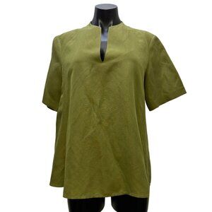 Lafayette 148 Green Silk/Linen Blouse With Split Neck M